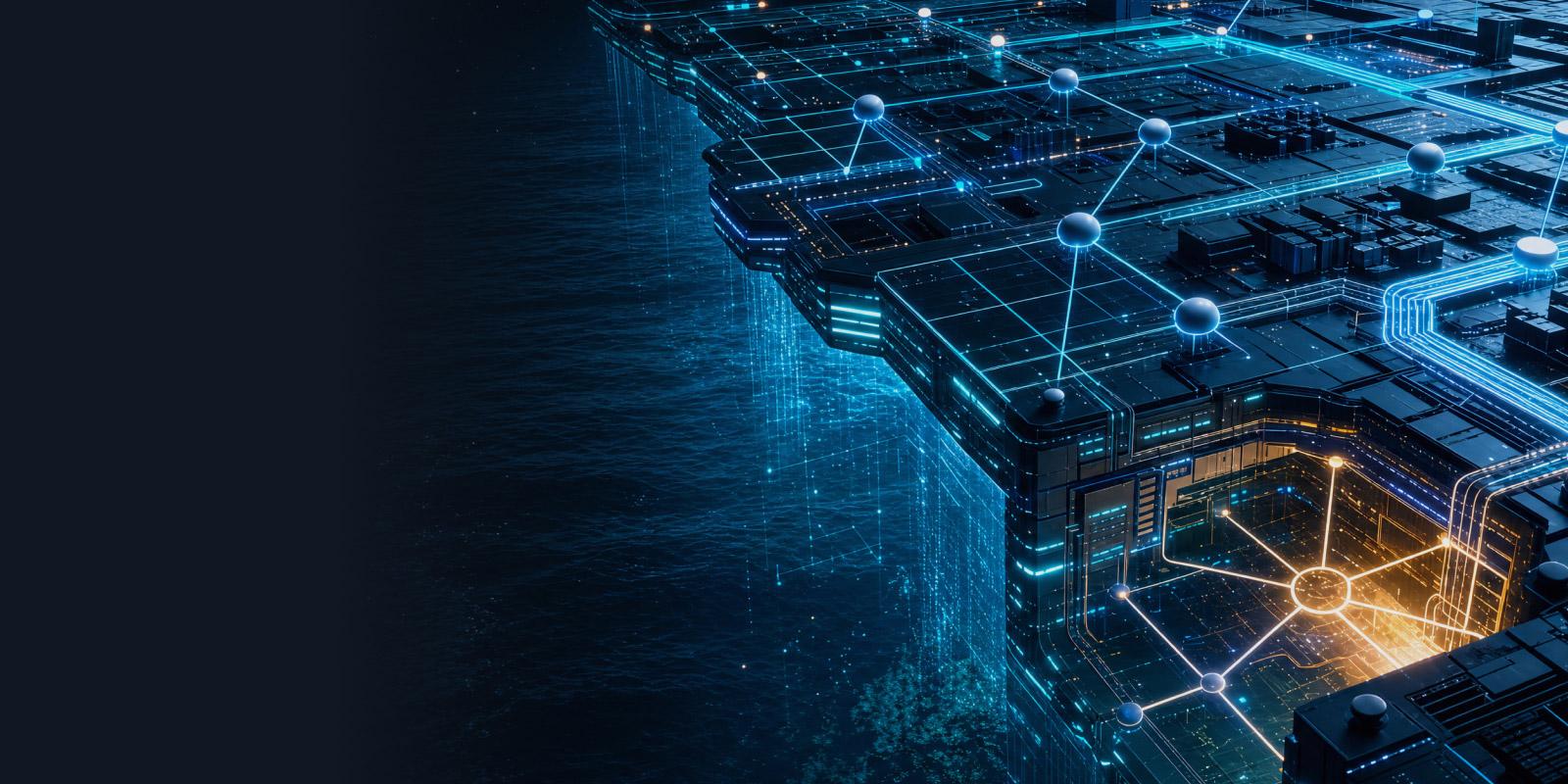 A highly detailed, futuristic floating structure resembling a complex circuit board, illuminated by glowing neon blue and golden-orange data lines and nodes, set in water.